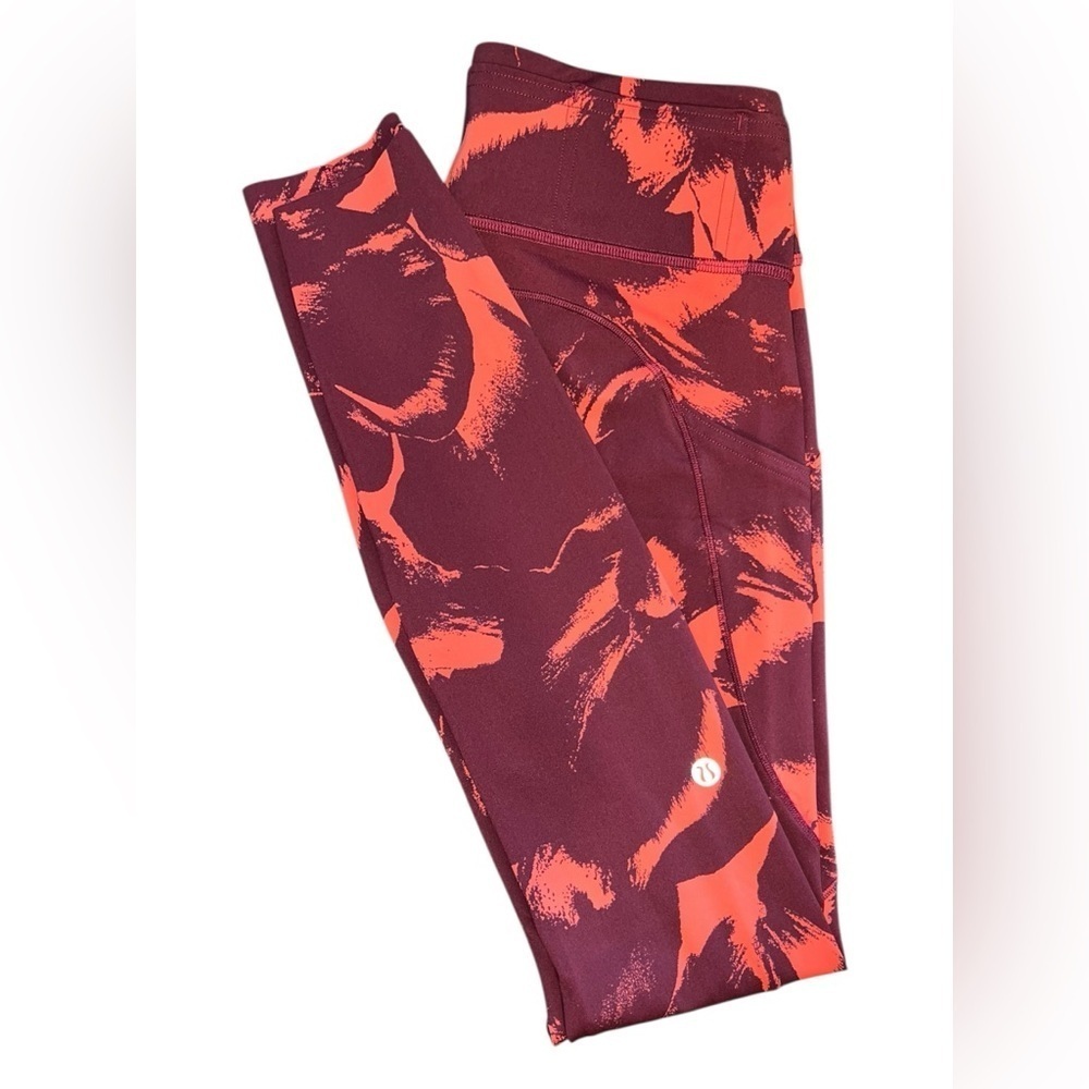 Lululemon Fast and Free Full-Length Leggings Flower Pop Coral Deep Ruby Size 4